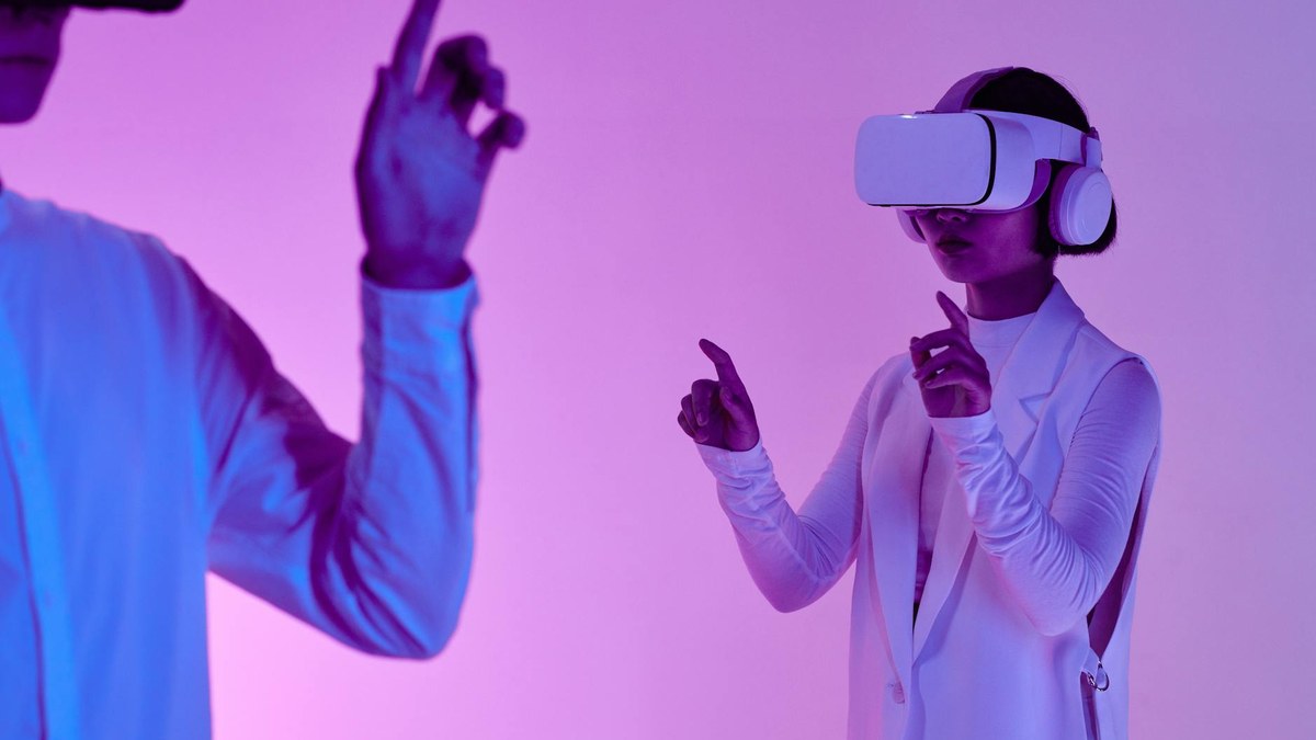 woman trying on virtual clothes in a futuristic metaverse store