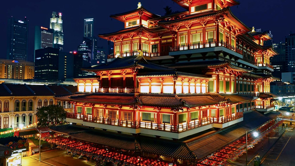 Vibrant Korean Buddhist temple lanterns lit at night