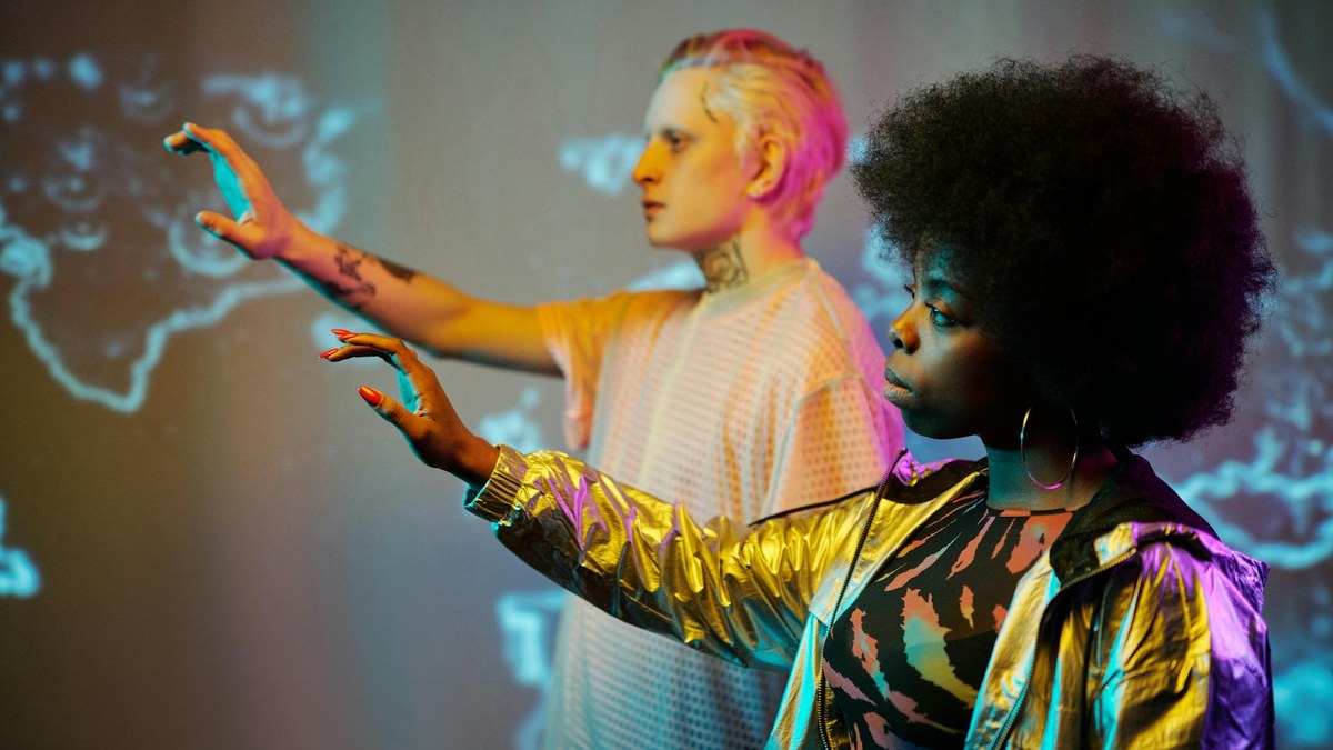 futuristic office where a person interacts with holographic AI assistant