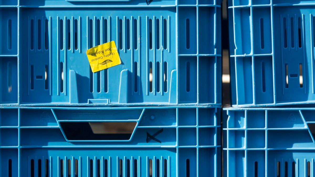 neatly stacked foldable clothes inside clear plastic storage bins on a shelf