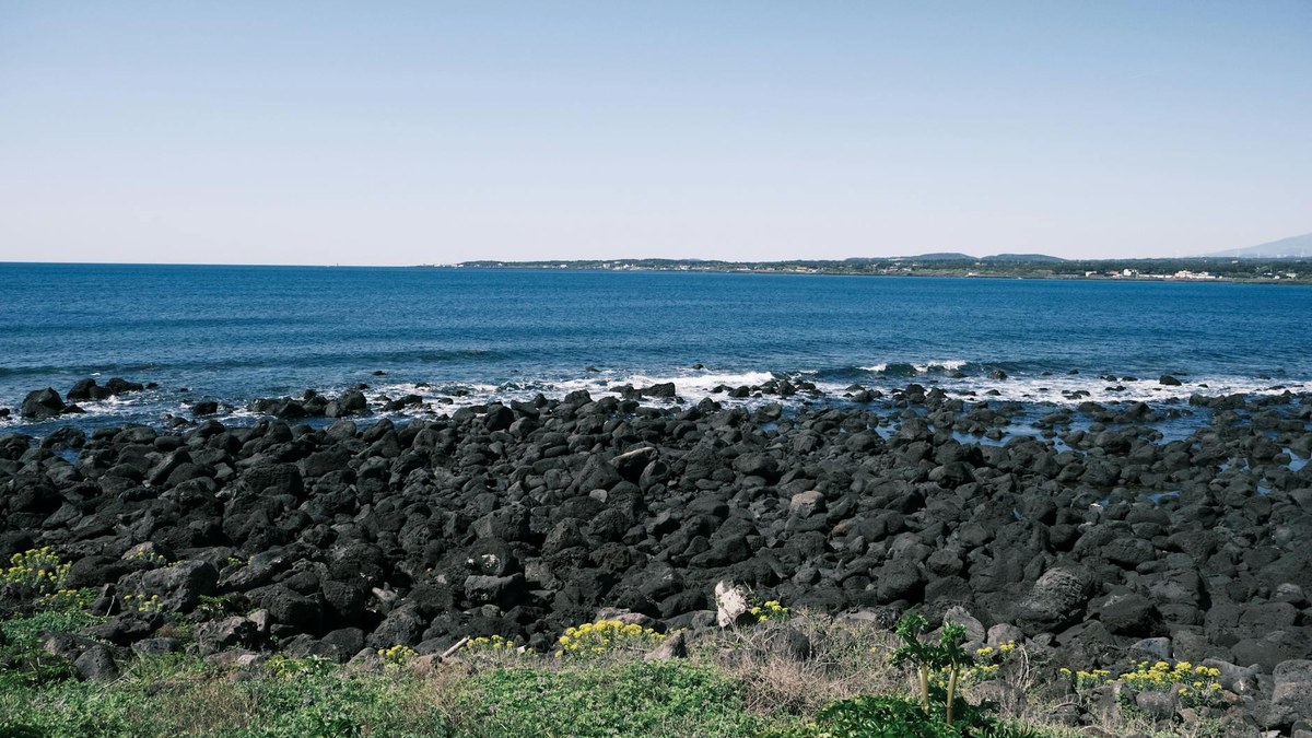 Scenic coastal walk path in Aewol, Jeju, with volcanic rocks and ocean view