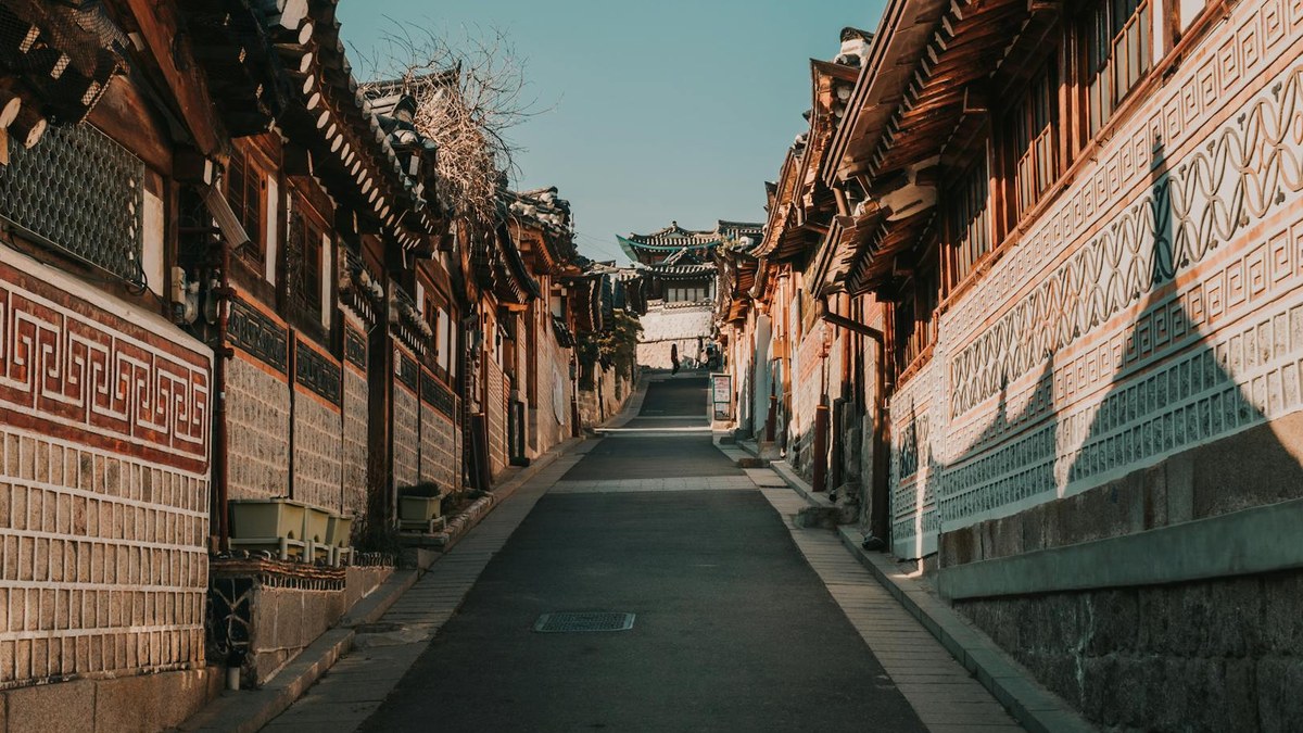 Aerial view of Jeonju Hanok Village with traditional Korean tiled roofs on a sunny day