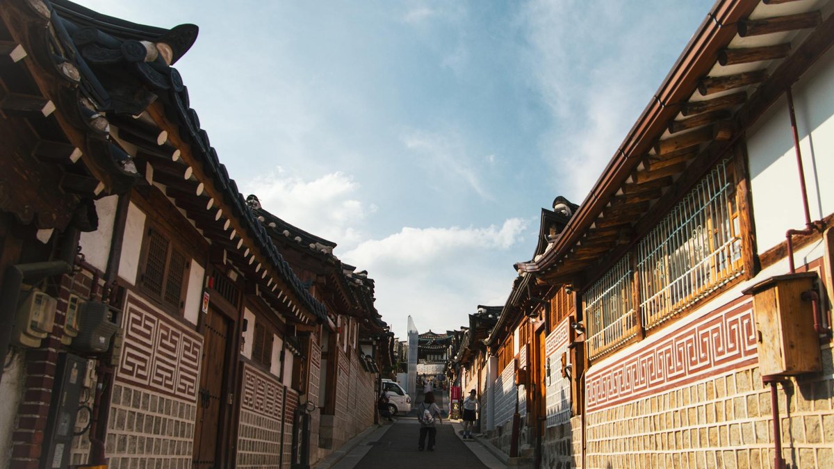 Gyeongju historic street with traditional houses and blue sky
