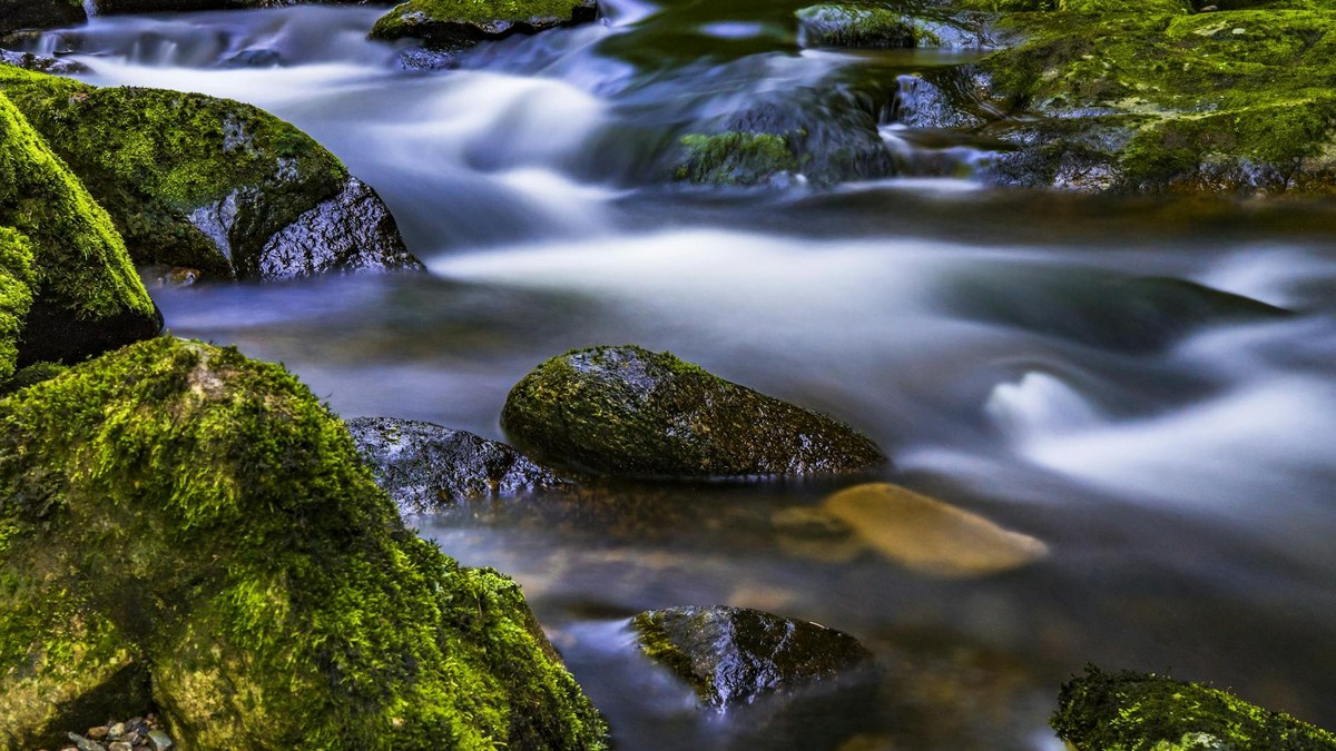 clear flowing stream in a lush green valley with smooth rocks, Chungju, South Korea